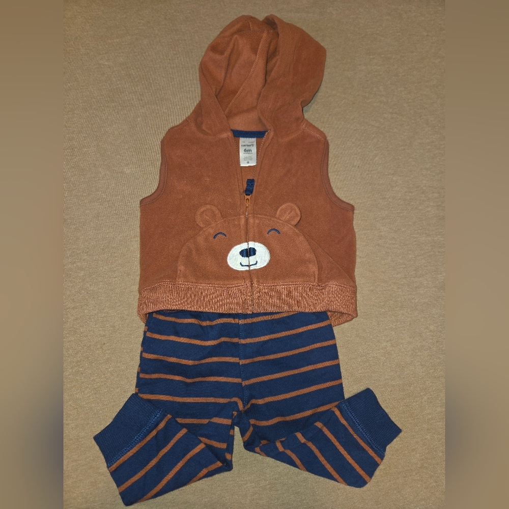 Carter's Brown Bear Vest and Navy Striped Pants Set